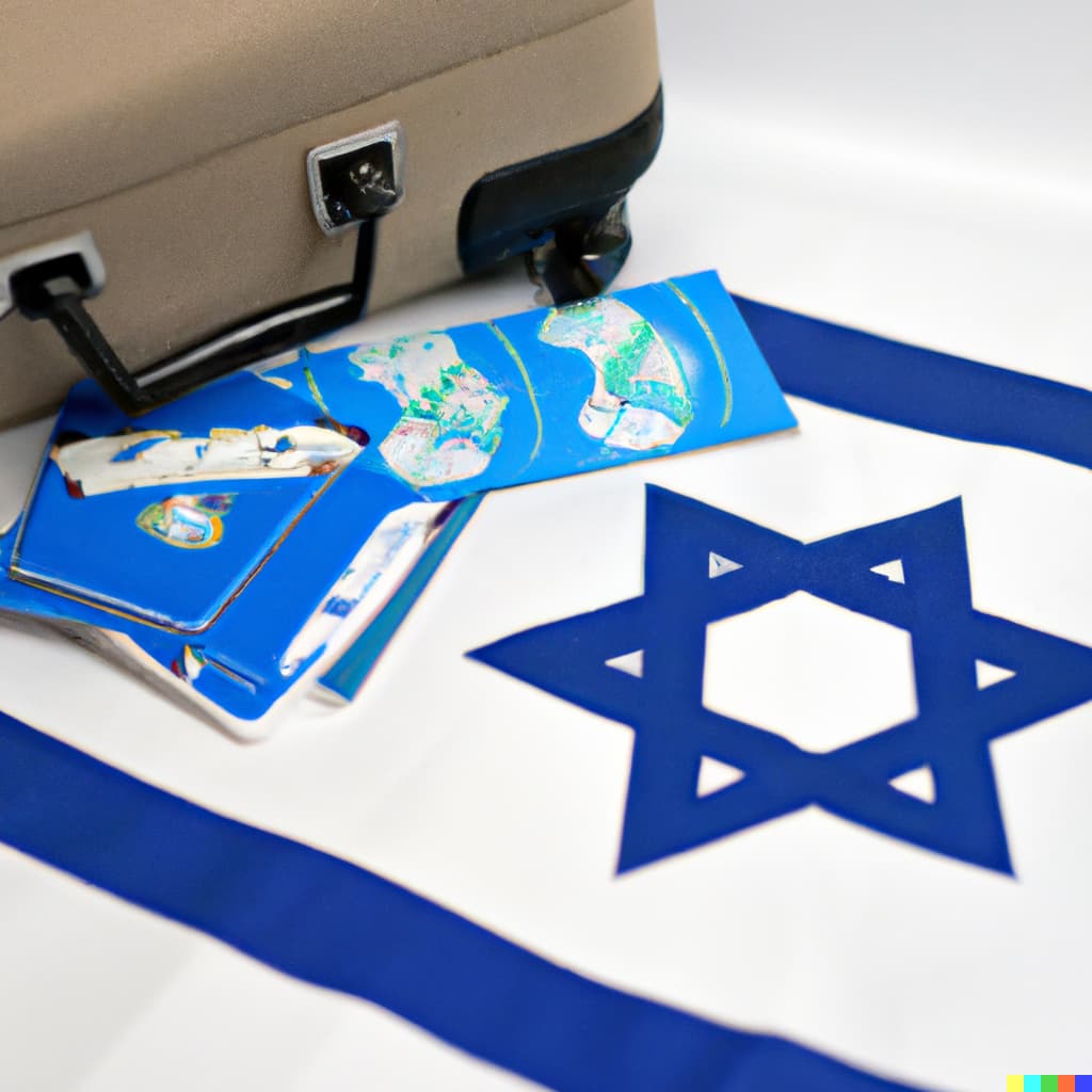 An image of a traveler's suitcase with Israeli flag patches, a map of Israel, and an airplane ticket.